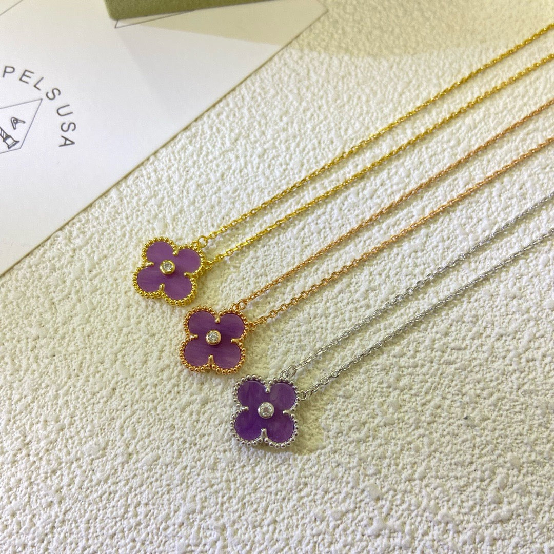 [Vintora Jewelry]CLOVER 15MM DIAMOND  PURPLE VIOLET NECKLACE