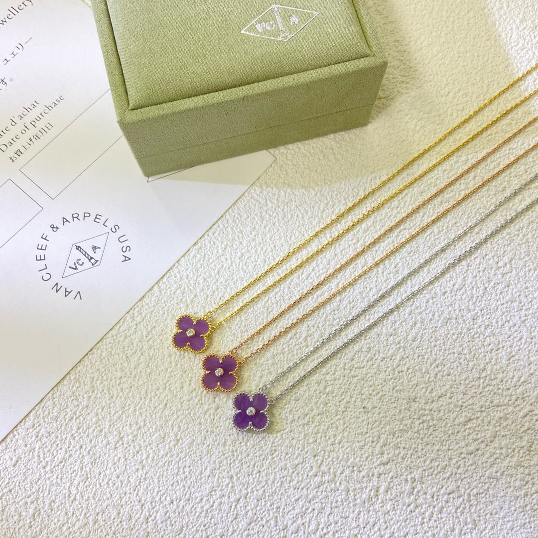 [Vintora Jewelry]CLOVER 15MM DIAMOND  PURPLE VIOLET NECKLACE