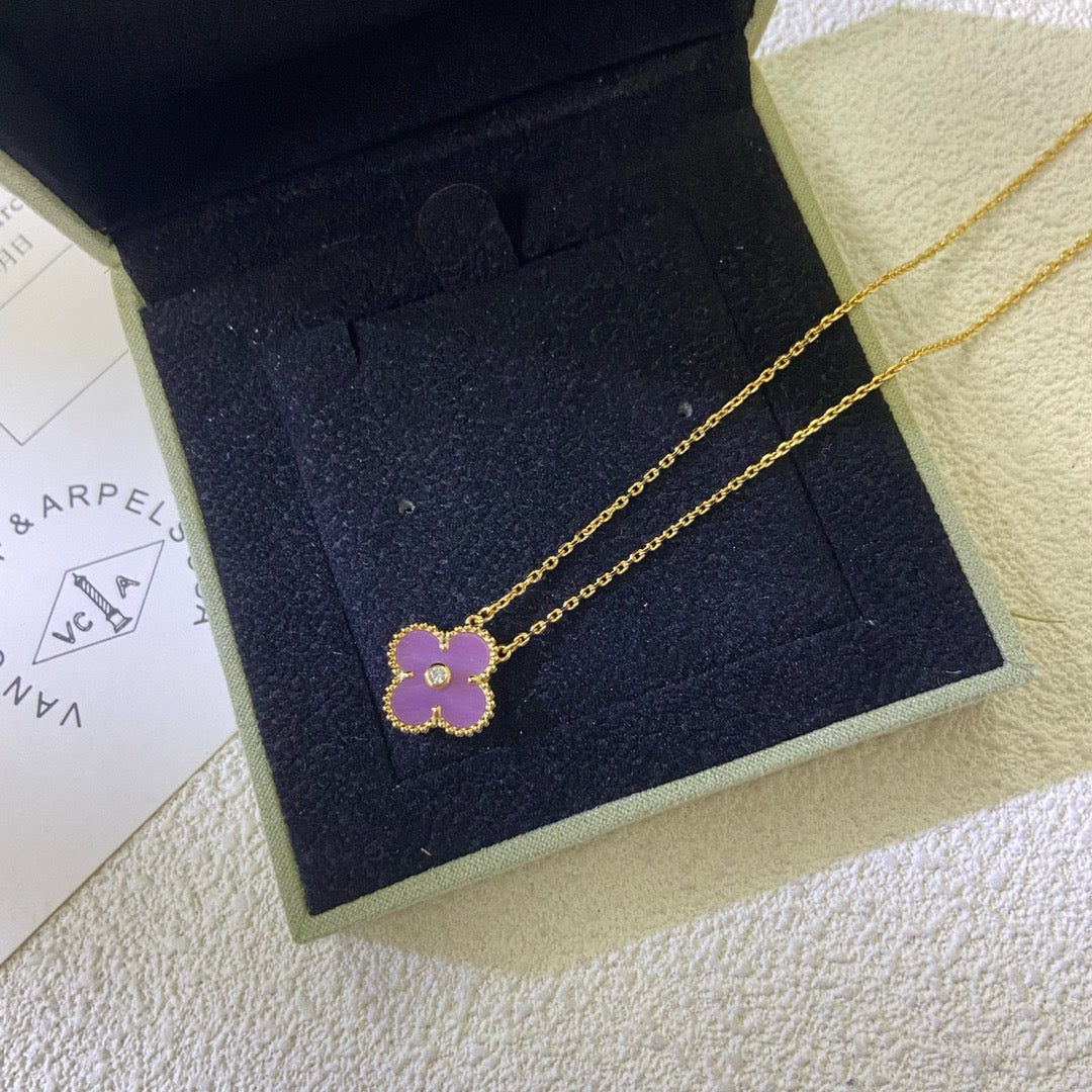 [Vintora Jewelry]CLOVER 15MM DIAMOND  PURPLE VIOLET NECKLACE