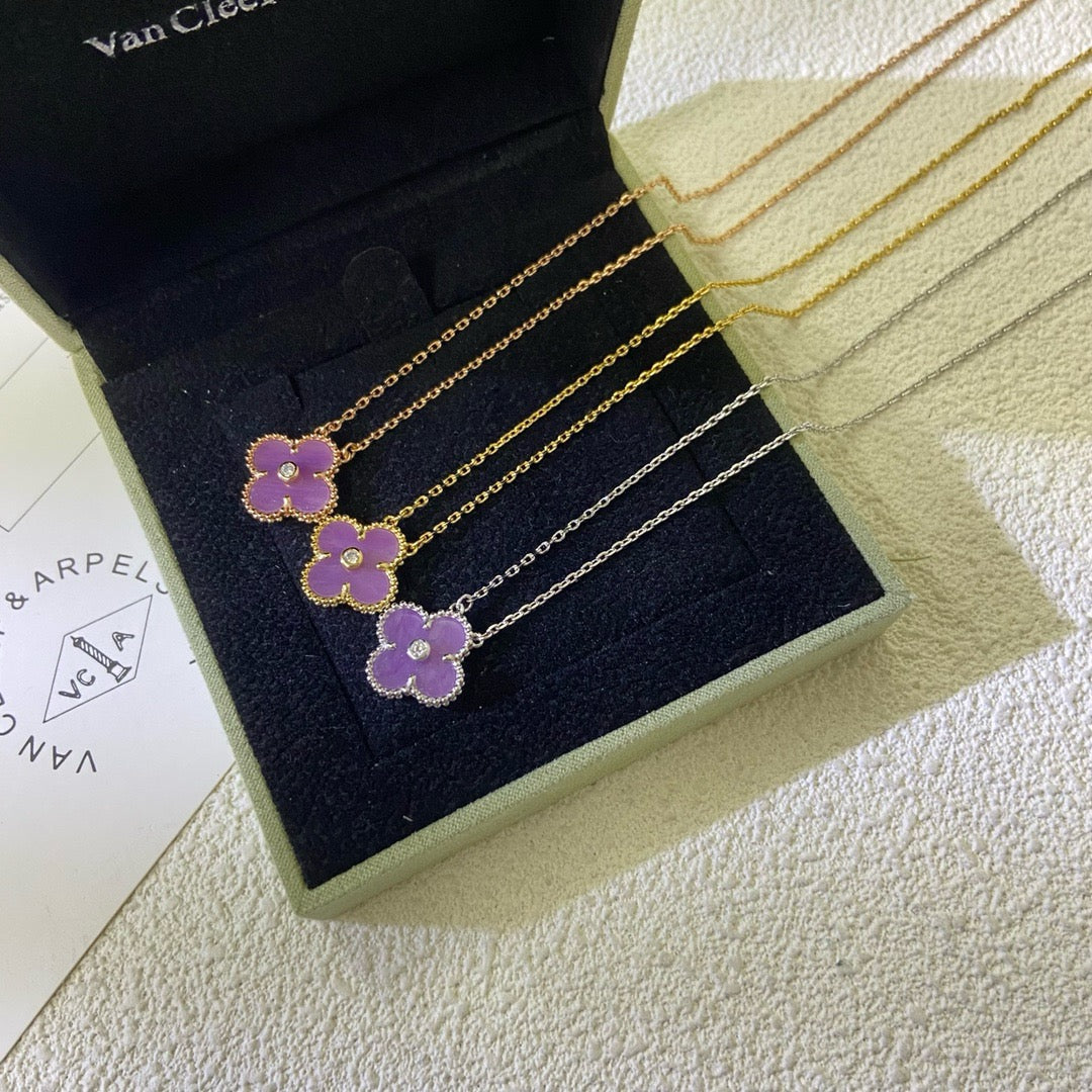 [Vintora Jewelry]CLOVER 15MM DIAMOND  PURPLE VIOLET NECKLACE
