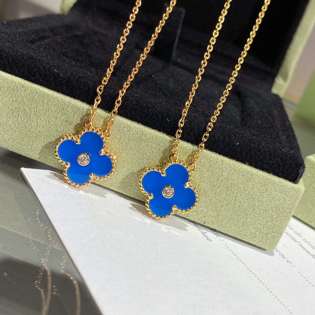 [Vintora]CLOVER 15MM DIAMOND AND BLUE AGATE NECKLACE