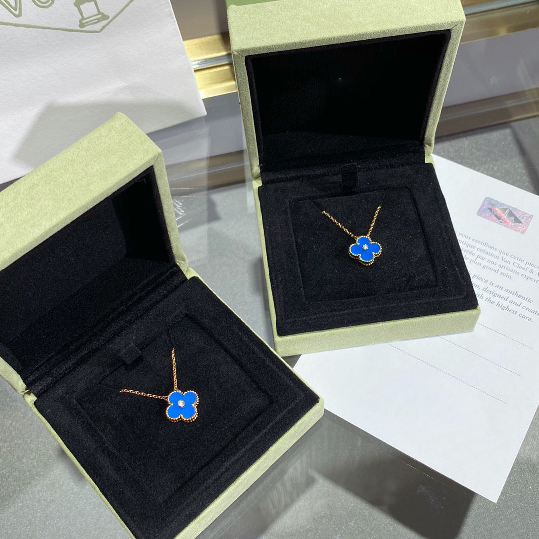 [Vintora]CLOVER 15MM DIAMOND AND BLUE AGATE NECKLACE