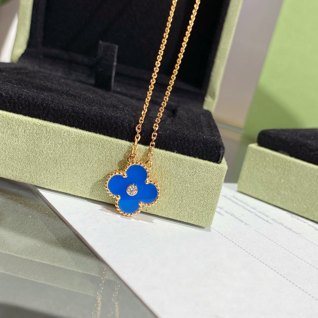 [Vintora]CLOVER 15MM DIAMOND AND BLUE AGATE NECKLACE
