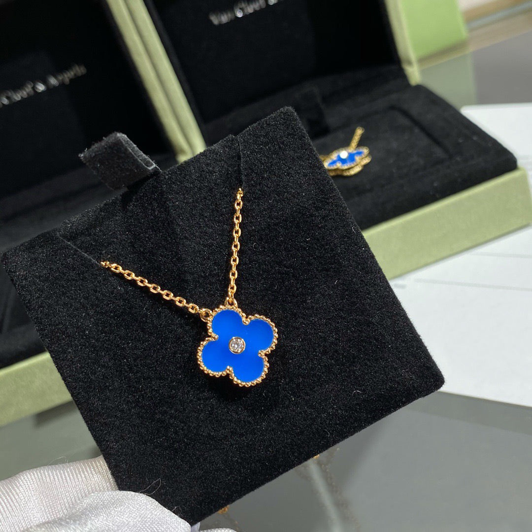 [Vintora]CLOVER 15MM DIAMOND AND BLUE AGATE NECKLACE