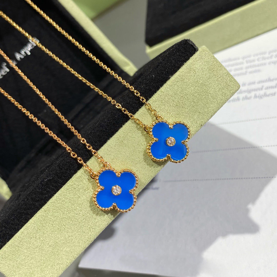 [Vintora]CLOVER 15MM DIAMOND AND BLUE AGATE NECKLACE