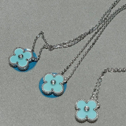 [Vintora]CLOVER 1 DIAMOND LIGHT BLUE SILVER NECKLACE