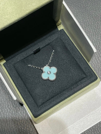 [Vintora]CLOVER 1 DIAMOND LIGHT BLUE SILVER NECKLACE