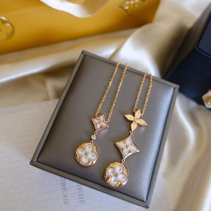[Vintora]COLOR BLOSSOM LARIAT NECKLACE PINK GOLD WHITE MOTHER PEARL AND DIAMOND