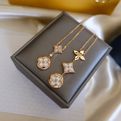 [Vintora]COLOR BLOSSOM LARIAT NECKLACE PINK GOLD WHITE MOTHER PEARL AND DIAMOND