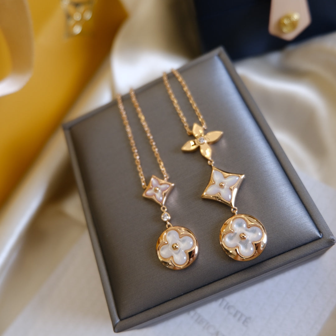 [Vintora]COLOR BLOSSOM LARIAT NECKLACE PINK GOLD WHITE MOTHER PEARL AND DIAMOND
