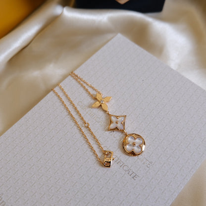 [Vintora]COLOR BLOSSOM LARIAT NECKLACE PINK GOLD WHITE MOTHER PEARL AND DIAMOND