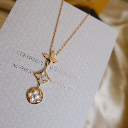 [Vintora]COLOR BLOSSOM LARIAT NECKLACE PINK GOLD WHITE MOTHER PEARL AND DIAMOND