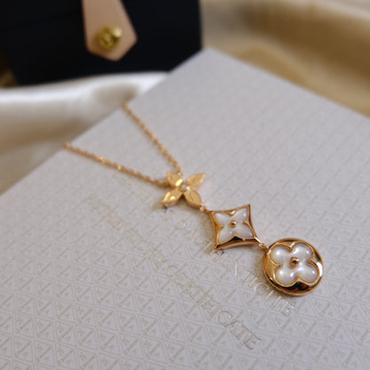[Vintora]COLOR BLOSSOM LARIAT NECKLACE PINK GOLD WHITE MOTHER PEARL AND DIAMOND