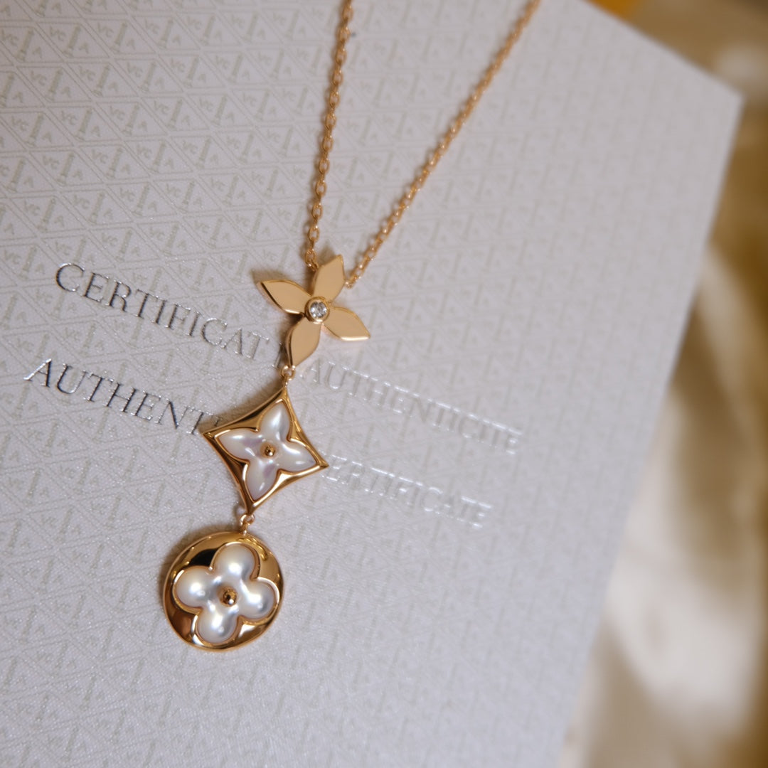 [Vintora]COLOR BLOSSOM LARIAT NECKLACE PINK GOLD WHITE MOTHER PEARL AND DIAMOND