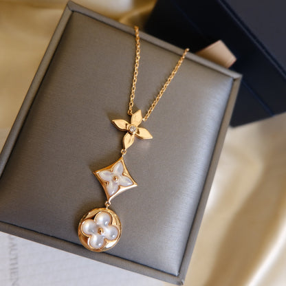 [Vintora]COLOR BLOSSOM LARIAT NECKLACE PINK GOLD WHITE MOTHER PEARL AND DIAMOND