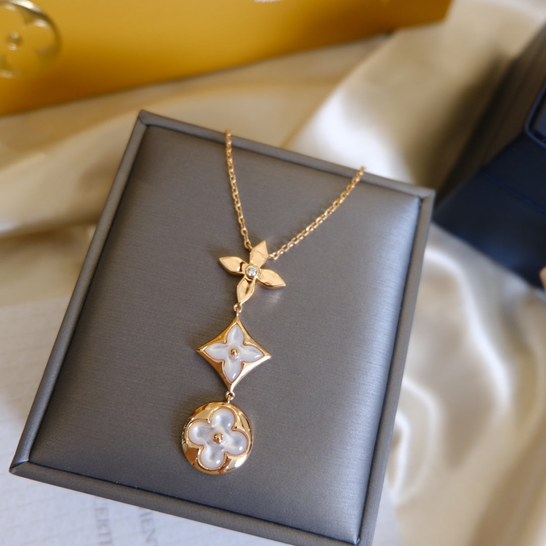 [Vintora]COLOR BLOSSOM LARIAT NECKLACE PINK GOLD WHITE MOTHER PEARL AND DIAMOND