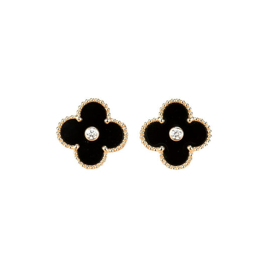 [Vintora]CLOVER MEDIUM 1 MOTIFS ONYX DIAMOND EARRINGS