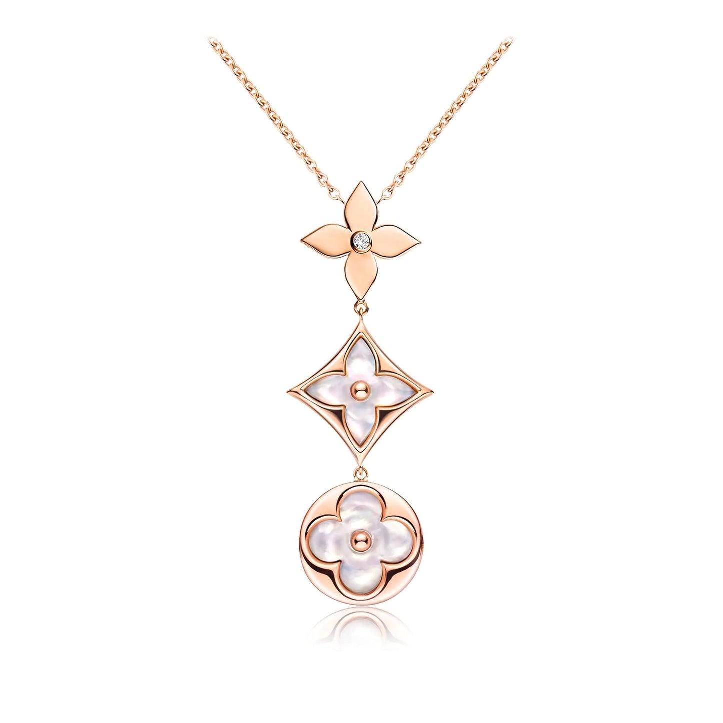 [Vintora]COLOR BLOSSOM LARIAT NECKLACE PINK GOLD WHITE MOTHER PEARL AND DIAMOND
