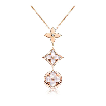 [Vintora]COLOR BLOSSOM LARIAT NECKLACE PINK GOLD WHITE MOTHER PEARL AND DIAMOND