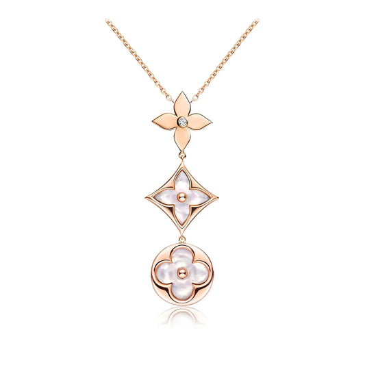 [Vintora]COLOR BLOSSOM LARIAT NECKLACE PINK GOLD WHITE MOTHER PEARL AND DIAMOND