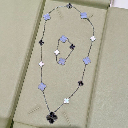 [Vintora]DETACHABLE CLOVER 15(11+4) FLOWER SILVER NECKLACE SET