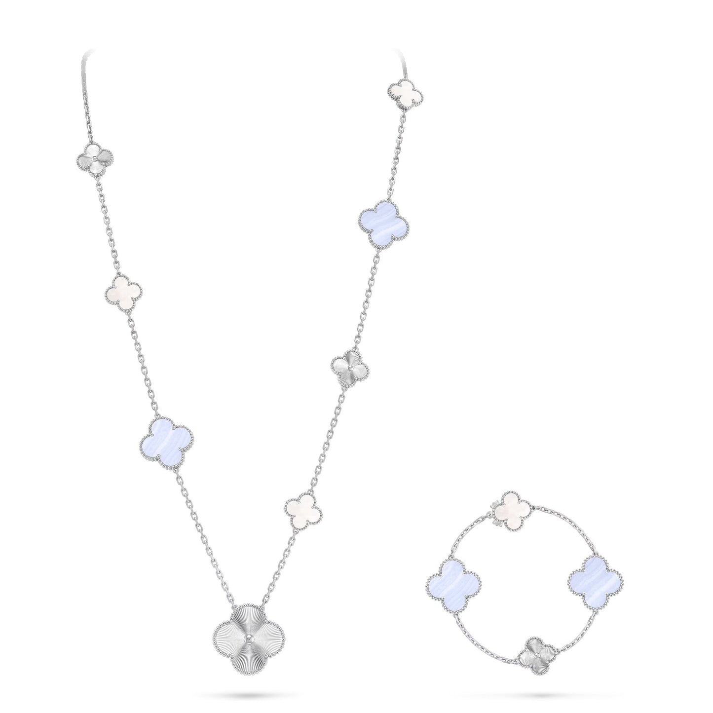 [Vintora]DETACHABLE CLOVER 15(11+4) FLOWER SILVER NECKLACE SET