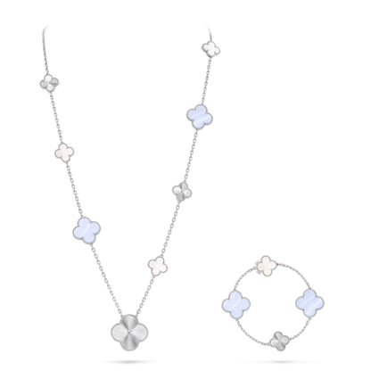[Vintora]DETACHABLE CLOVER 15(11+4) FLOWER SILVER NECKLACE SET