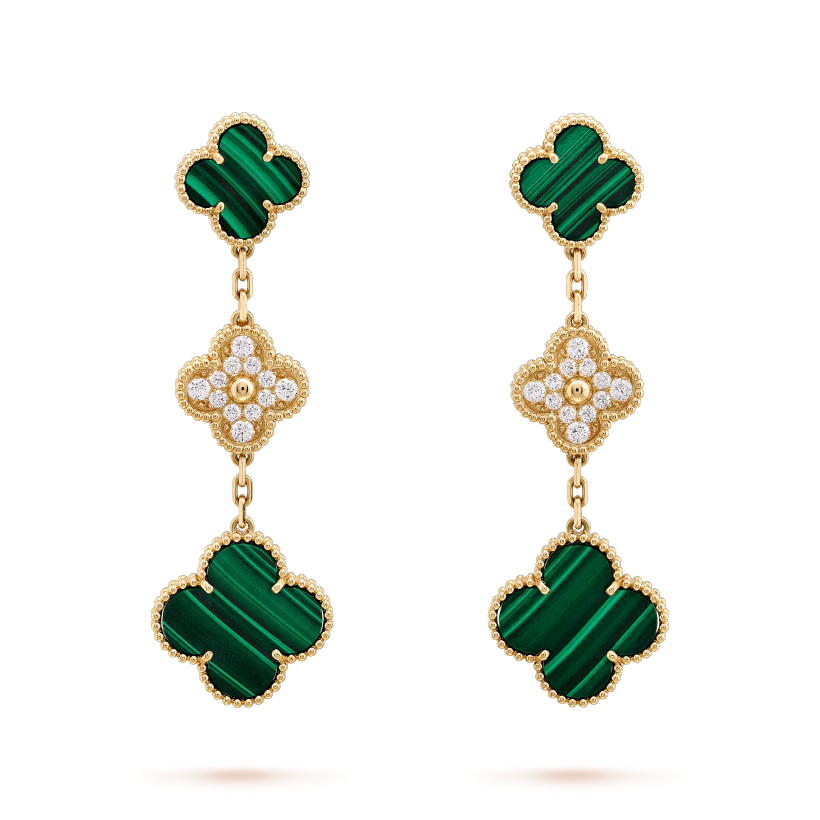 [Vintora]CLOVER EARRINGS GOLD MALACHITE DIAMOND 3 MOTIF