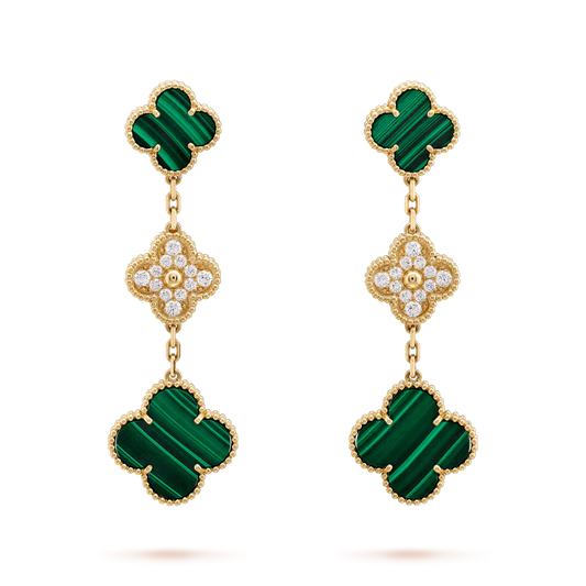 [Vintora]CLOVER EARRINGS GOLD MALACHITE DIAMOND 3 MOTIF