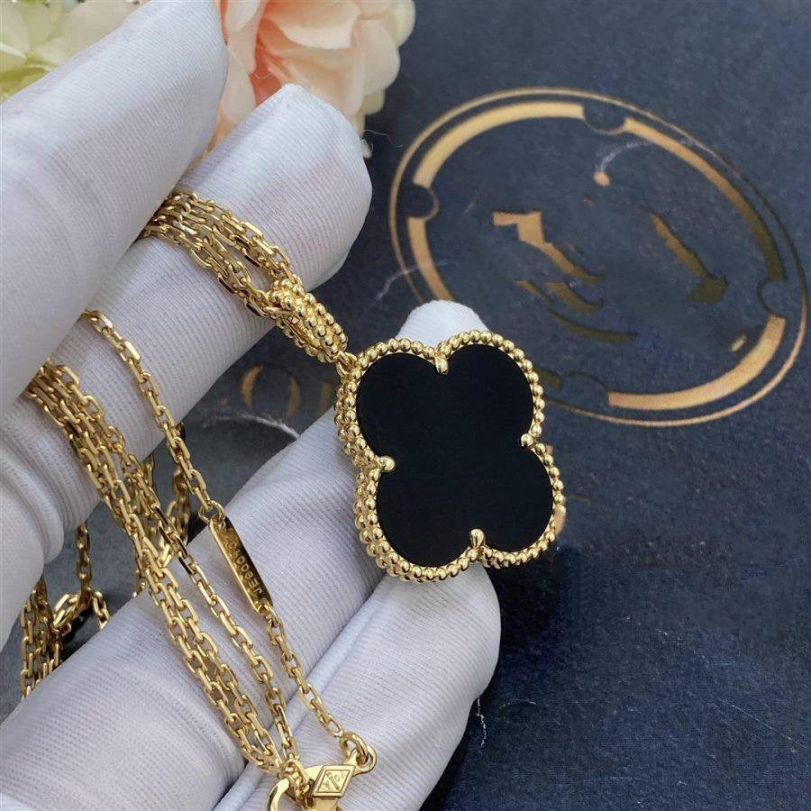 [Vintora]CLOVER 25MM GOLD ONYX BIG CLOVER NECKLACE