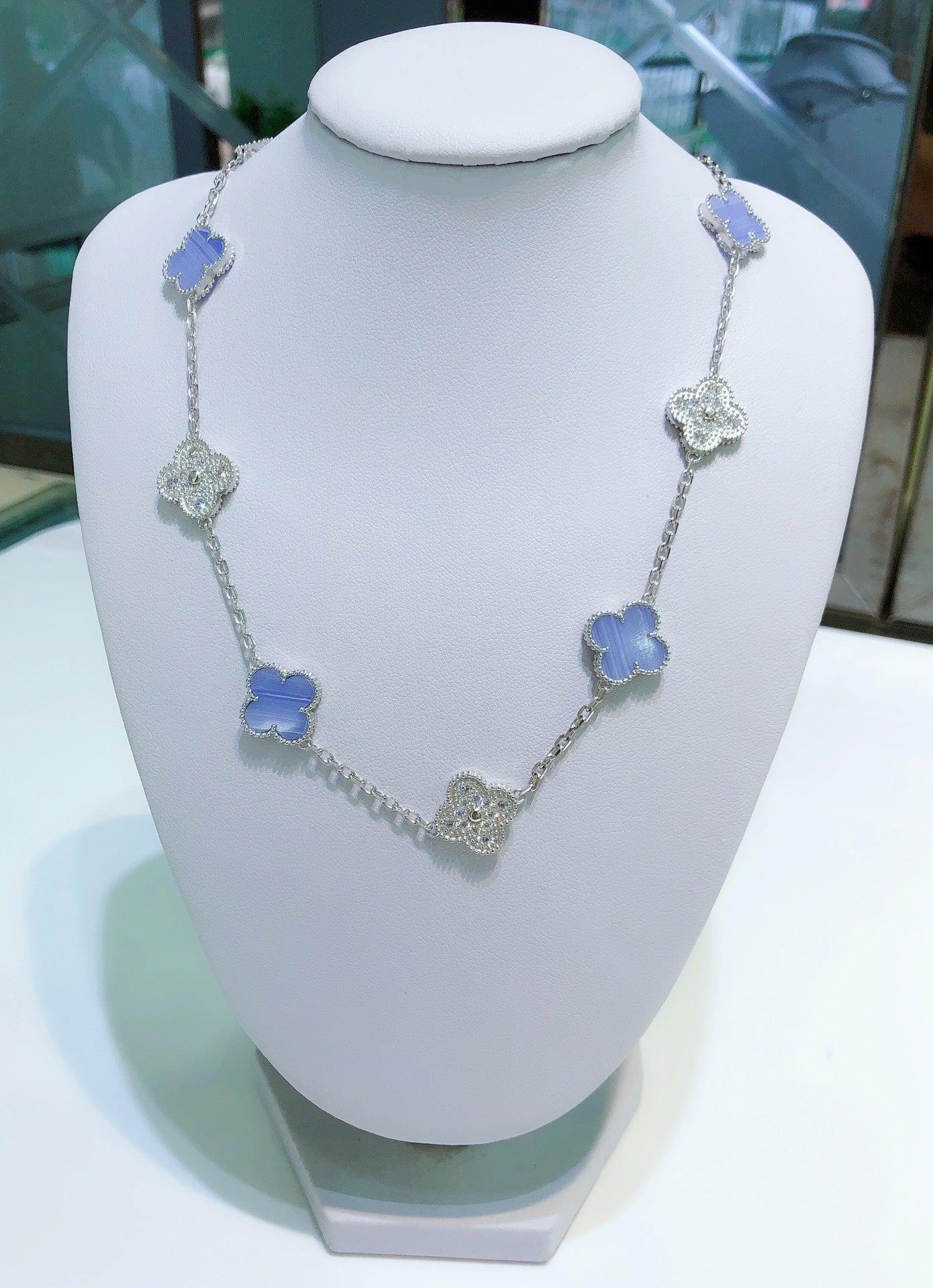 [Vintora]CLOVER 10 MOTIFS CHALCEDONY DIAMONDS SILVER NECKLACE