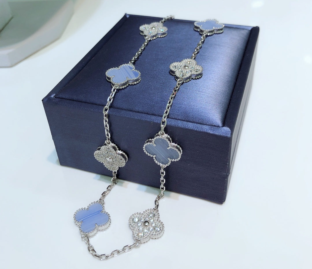 [Vintora]CLOVER 10 MOTIFS CHALCEDONY DIAMONDS SILVER NECKLACE