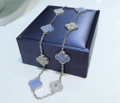 [Vintora]CLOVER 10 MOTIFS CHALCEDONY DIAMONDS SILVER NECKLACE