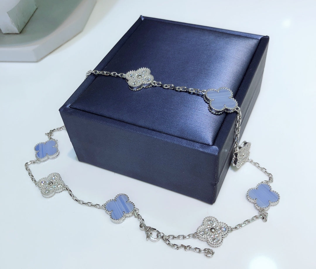 [Vintora]CLOVER 10 MOTIFS CHALCEDONY DIAMONDS SILVER NECKLACE