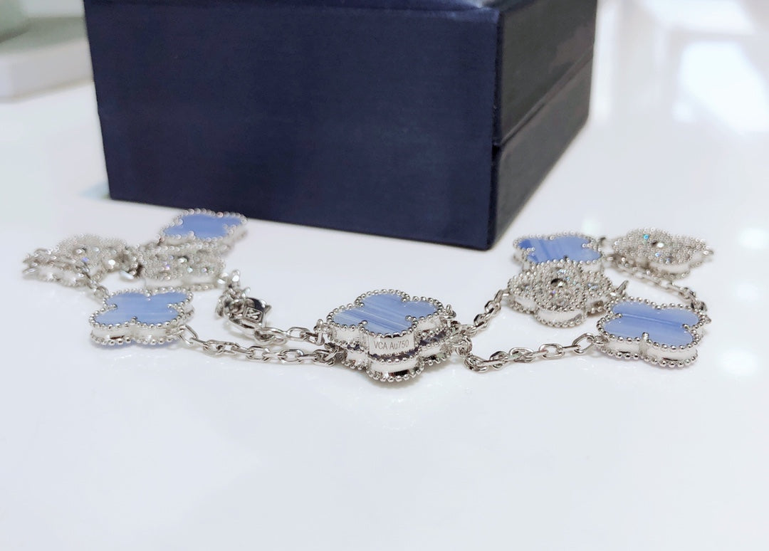[Vintora]CLOVER 10 MOTIFS CHALCEDONY DIAMONDS SILVER NECKLACE