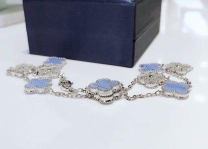 [Vintora]CLOVER 10 MOTIFS CHALCEDONY DIAMONDS SILVER NECKLACE