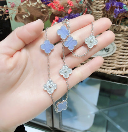 [Vintora]CLOVER 10 MOTIFS CHALCEDONY DIAMONDS SILVER NECKLACE