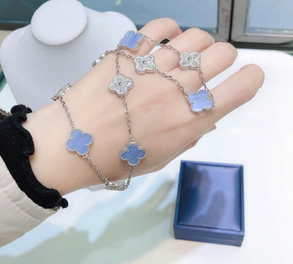 [Vintora]CLOVER 10 MOTIFS CHALCEDONY DIAMONDS SILVER NECKLACE