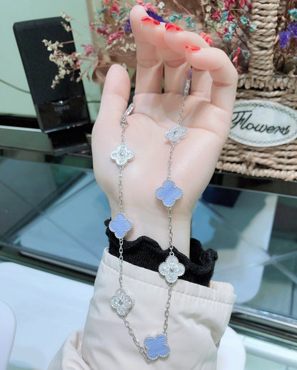 [Vintora]CLOVER 10 MOTIFS CHALCEDONY DIAMONDS SILVER NECKLACE